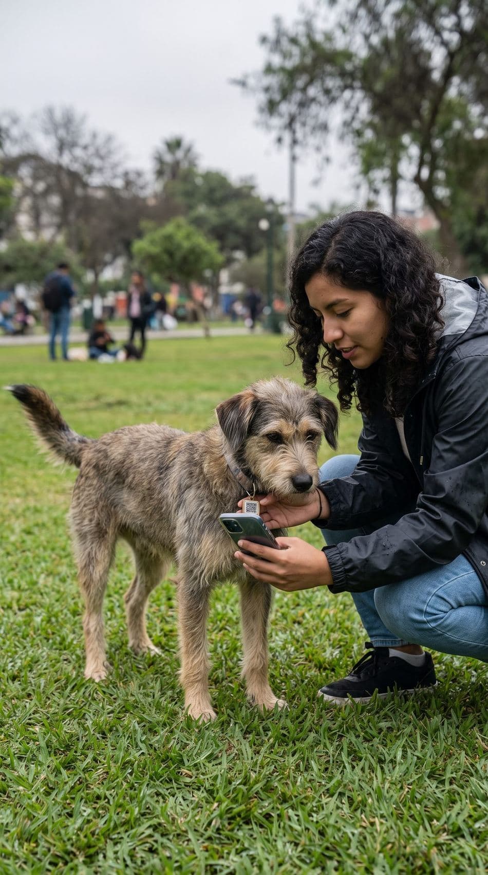 Escaneando la placa QR de un perro en el parque
