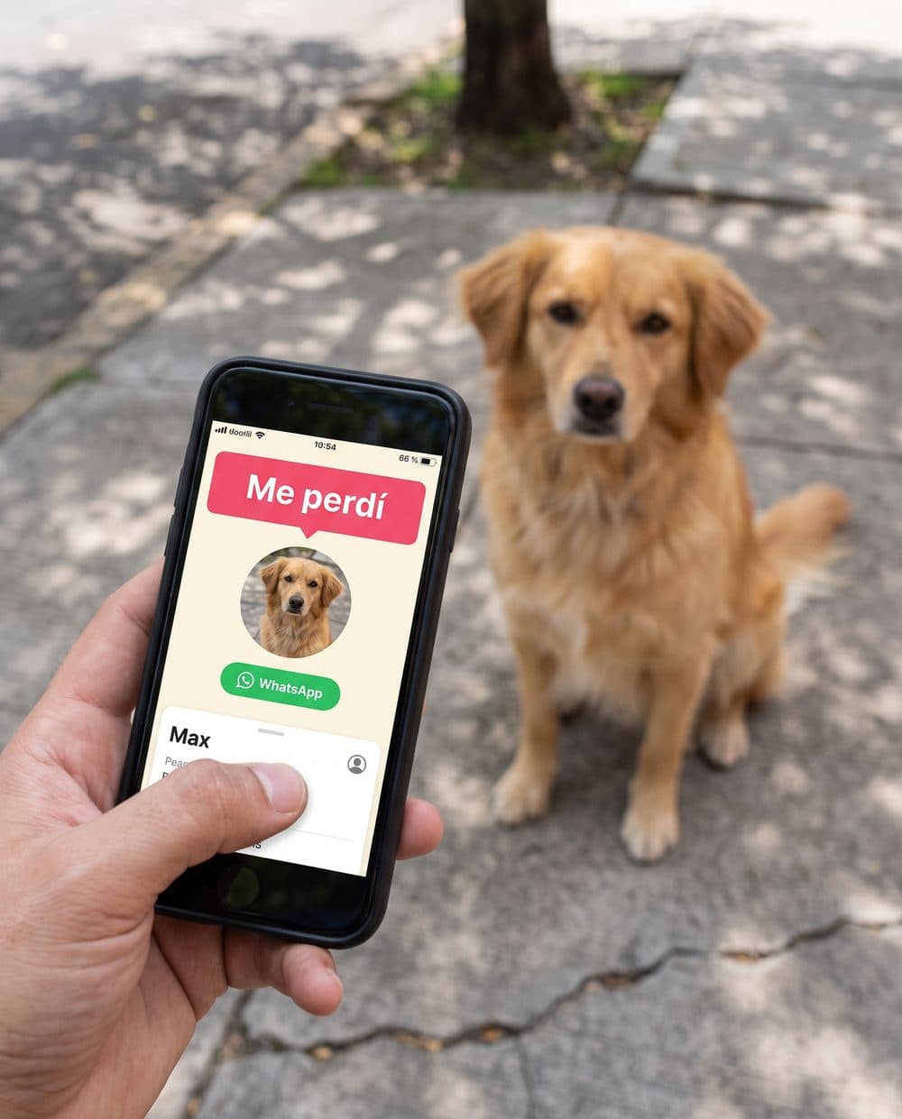Perfil de mascota perdida en el celular, con el perrito de fondo